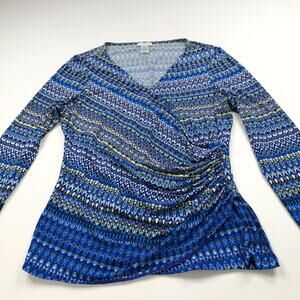 Cache Faux Wrap Large Pullover V-Neck Long Sleeve Shirt Blue All Over Print MINT